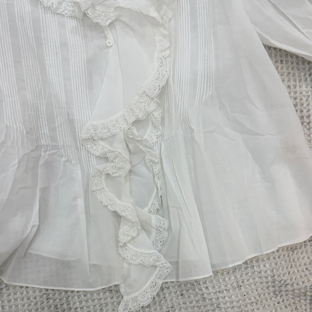 Doen Henri White Ruffled Front Button Women's Blouse - Picture 4 of 5